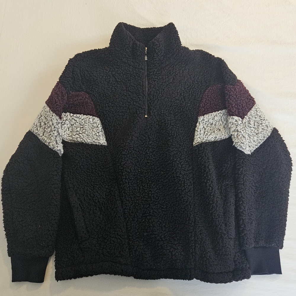 Maurices Black Sherpa Pullover with Burgundy and Light Gray Stripes